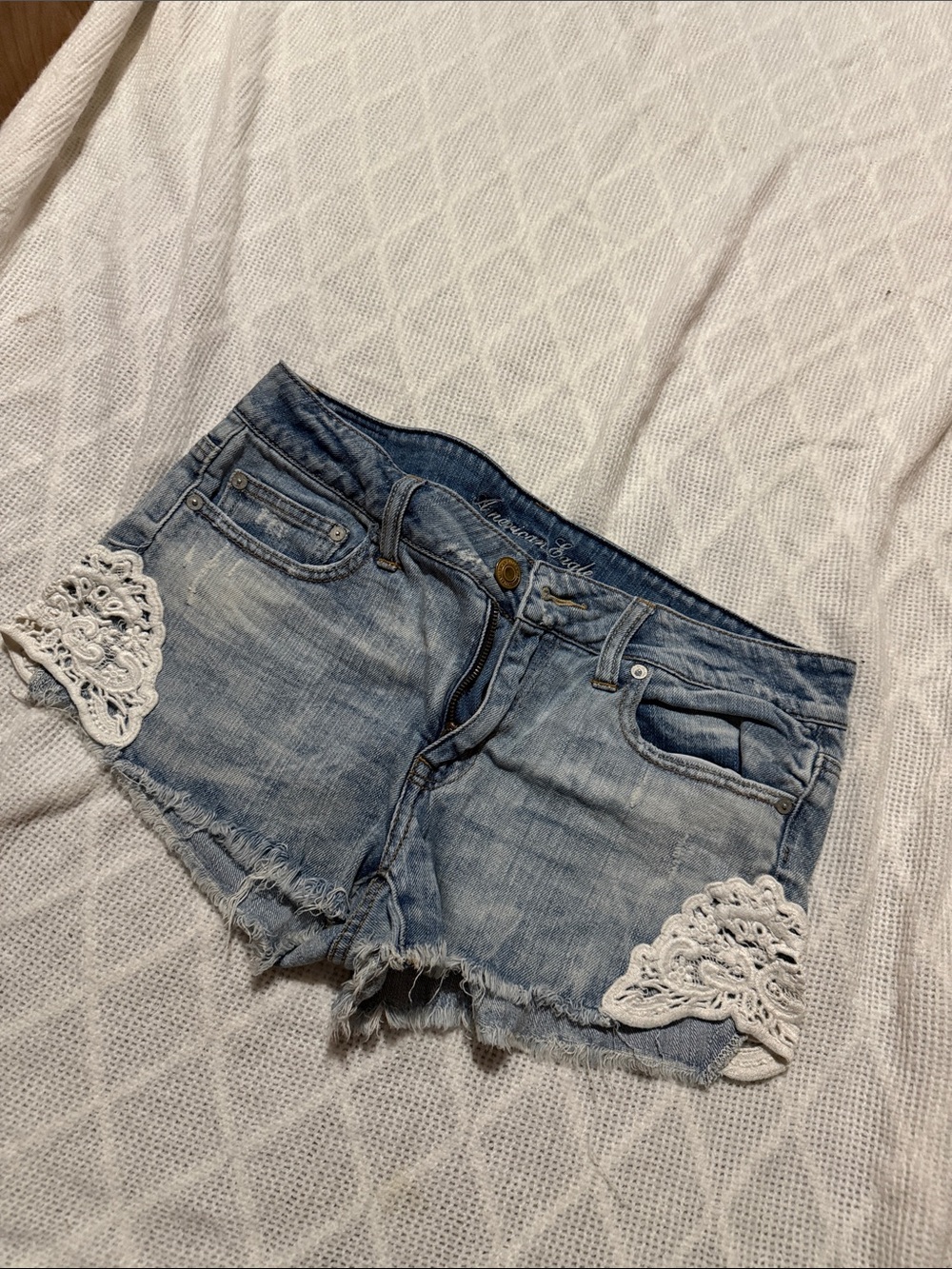 American Eagle Outfitters Light Blue Denim Shorts with White Crochet Trim